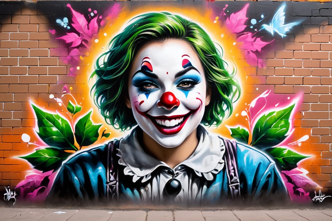 #graffiti, #graffiti on a brick wall, #spray paint on a wall, #colored graffiti, #Street art, #Spray paint, #Street canvas, #Graffiti artist, , #Graffiti art, #Spray art,
(((ivy: 1.3))) is growing on a brick wall. (((Spray cans: 1.3))). Creepy clown, hyper-realistic 3D image, menacing grin, reaching out with long, bony fingers, vibrant colors, haunted carnival background, intricate details, whimsical yet eerie atmosphere, tattered and torn clothes, foggy surroundings, dramatic lighting, ultra fine, octane rendering., #graffiti on brick wall, #spray painting on wall, #color graffiti, #Aerosol art