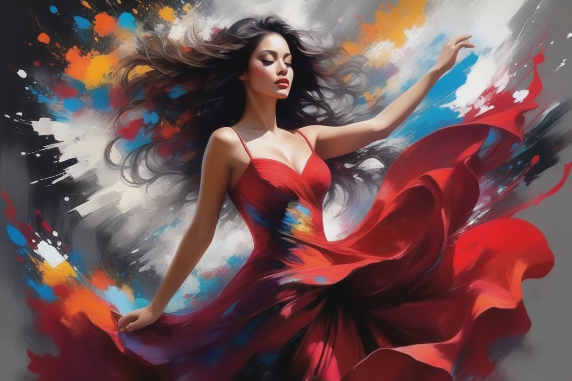 "She danced in the center of an explosion of colors, (((full height: 1.4))), like the embodiment of pure creativity and passion. Her lush red dress was like a stream of energy, spinning and shimmering with the rhythm of her movements. Bright, multi-colored splashes flew around her , creating the feeling of a living picture, filled with emotion and life. Her gaze was full of determination and strength, as if she was controlling this whirlwind of color and form. What is the story behind this magic? painting in the style of artists such as Russ Mills, Sakimichan, Vlop, Leush, Artgerm, Darek Zabrocki and Jean-Baptiste Monge,DissolveSdxl0,scenery