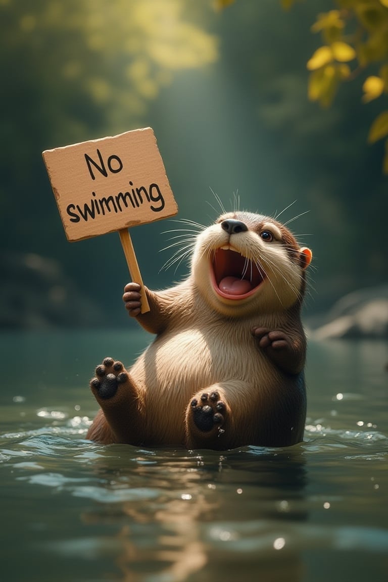 funny animals, Midjourney style, Photorealism, Cinematic style, high fidelity, realism, chiaroscuro, play of shadow and light, rays of light.
A playful otter floats on its back in a river, holding a sign that says "No swimming."