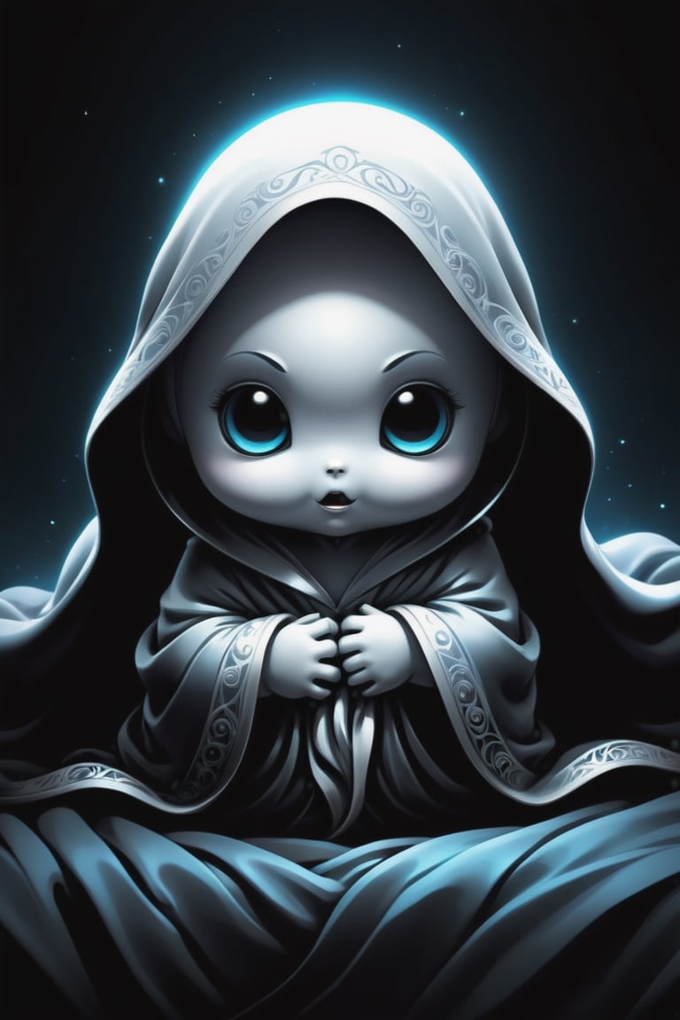 Fear of dark, stunning image of an adorable cute chibi ghost that is scared of the dark, curled up under a blanket in bed, moody, grainy, noisy, concept art, by Alberto Seveso, Cyril Rolando, Dan Mumford, Meaningful Visual Art, Detailed Painting, Digital Illustration, Unreal Engine 5, 32k maximalist, hyperdetailed fantasy art, 3d digital art, sharp focus, masterpiece, fine art