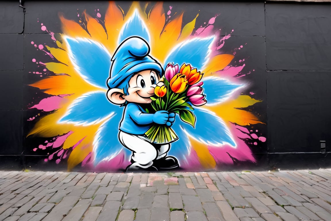 A colorful street mural featuring a Smurf character holding a bright bouquet of flowers. The Smurf is smiling and surrounded by a variety of bright and cheerful blooming flowers. The background of the mural includes splashes of blue and gray, creating a lively and artistic atmosphere. The scene is set in a quaint alleyway with a cobblestone street and lush greenery on the sides.,#graffiti, #Aerosol art, #Graffiti art