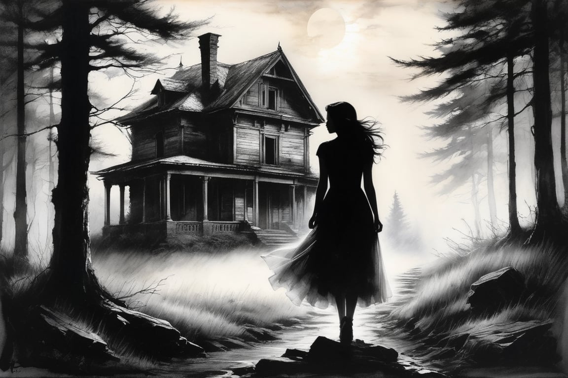 Charcoal drawing, crayons, black pencil drawing, pencil drawing, black and white drawing, graphite drawing, Poster “Twilight was falling, and the girl stood at the edge of the forest, looking at an old abandoned house, shrouded in a mysterious fog. Her dress fluttered slightly in the wind, and the light from behind the clouds, her figure was softly illuminated, creating a black silhouette of her figure, creating an atmosphere of anticipation and anxiety. Dark shadows were hiding in the distance among the trees, adding a feeling of the unknown and mystical waiting for her in this forgotten place. What secrets does this house hide?
painting in the style of artists such as Russ Mills, Sakimichan, Vlop, Leush, Artgerm, Darek Zabrocki and Jean-Baptiste Monge,