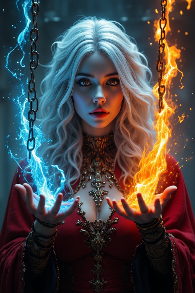 Midjourney style, Photorealism, Cinematic style, high fidelity, realism, chiaroscuro, play of shadow and light, rays of light.
photo of a vampire queen,left hand grasp a chain with ice effect,right hand grasp a chain with fire effect,she wearing a victoria period with red and light blue color,long white hair,red eyes,the chain **** from steel and it floating in the air,big chain,focus on chain,

