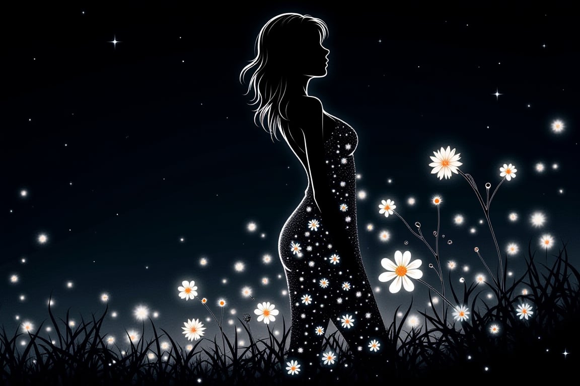 Abstract Lighting Effects, Midjourney Style, Photorealism, Cinematic, High Fidelity, Realism, Light Play,
Silhouette of a woman's body, contours defined by an array of delicate flowers, nighttime backdrop with hints of starlight, shadows dance around the edges of the blossoms, creating a soft yet powerful contrast, flowers in monochromatic hues with subtle color gradients, ink wash style, ultra fine detail, dramatic lighting. style Makoto Shinkai, Jamie Wyeth, James Gillard, Edward Hopper, Greg Rutkowski Studio Ghibli Genshin Impact, Studio Ghibli Genshin Impact




