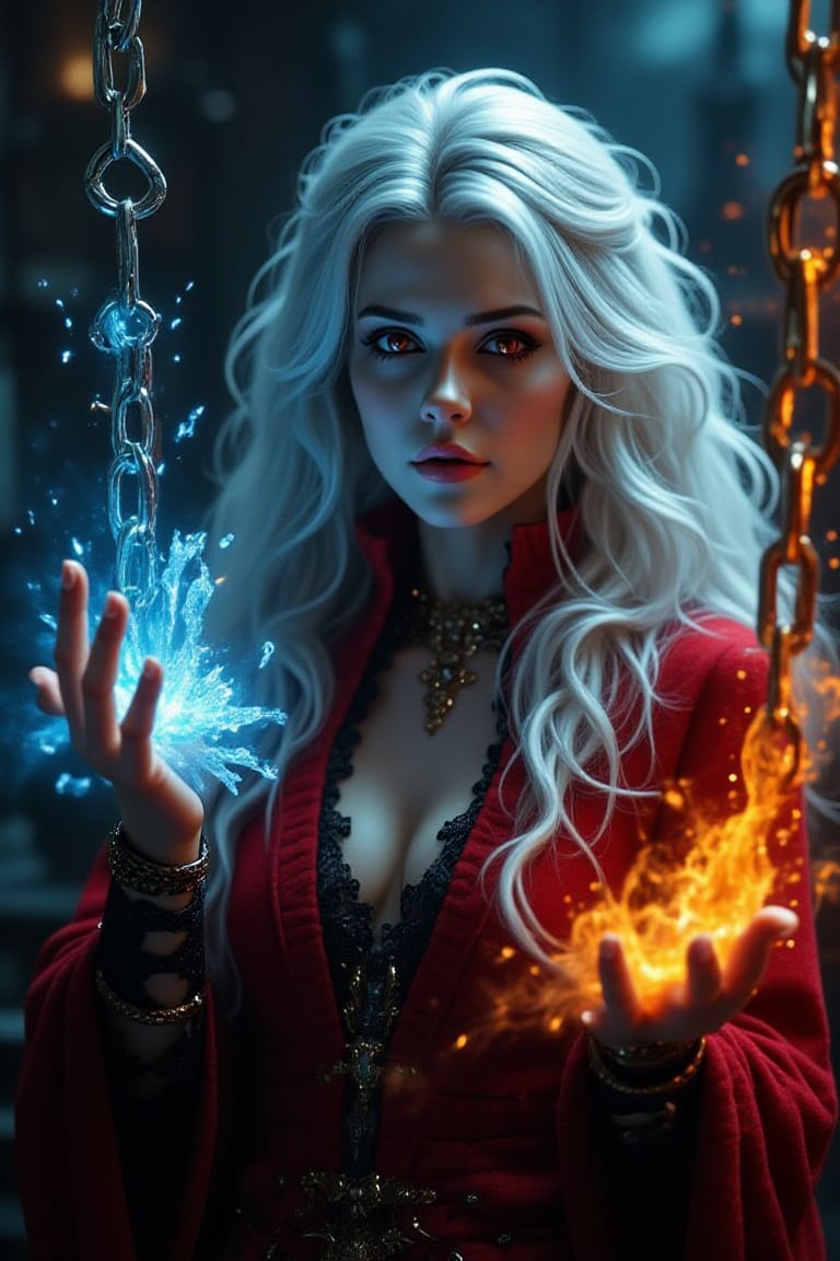 Midjourney style, Photorealism, Cinematic style, high fidelity, realism, chiaroscuro, play of shadow and light, rays of light.
photo of a vampire queen,left hand grasp a chain with ice effect,right hand grasp a chain with fire effect,she wearing a victoria period with red and light blue color,long white hair,red eyes,the chain **** from steel and it floating in the air,big chain,focus on chain,

