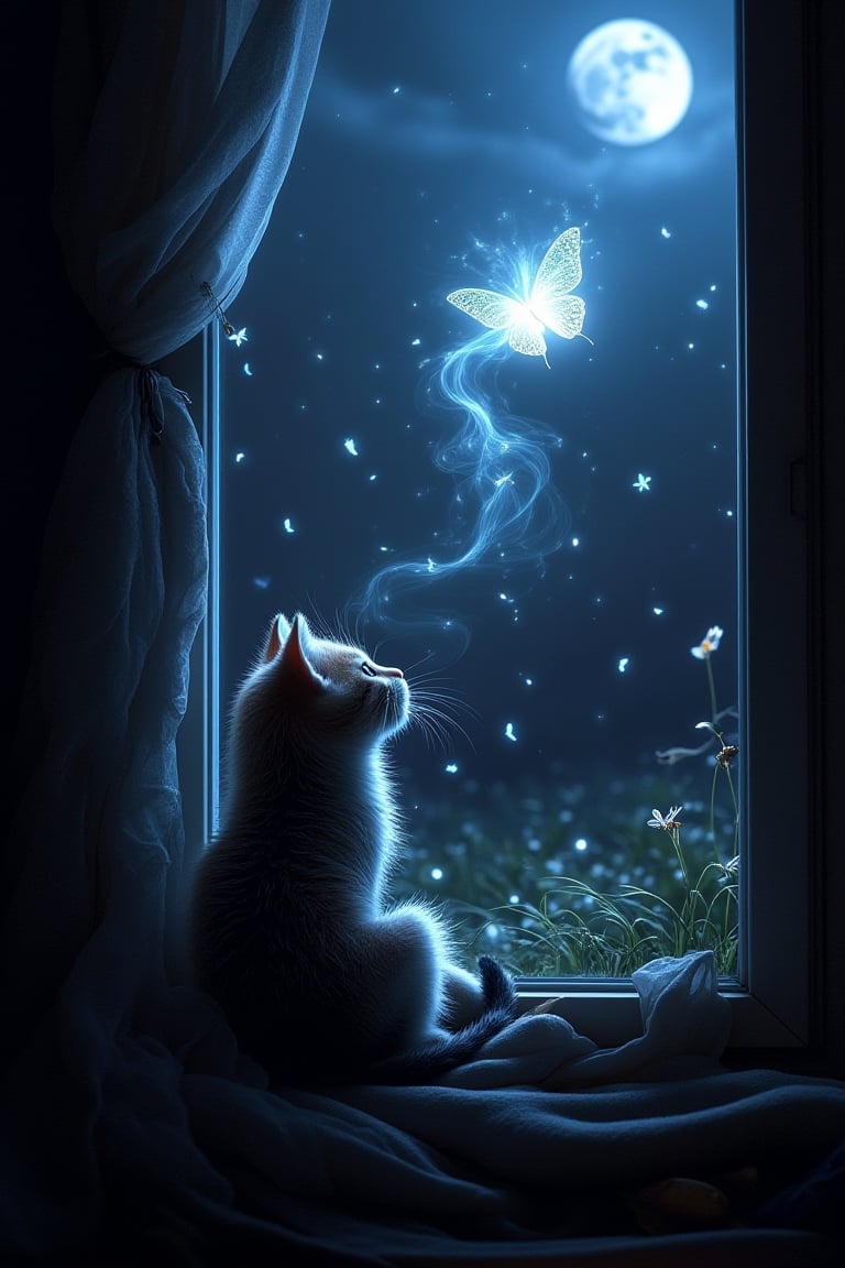 Abstract Lighting Effects, Midjourney Style, Photorealism, Cinematic, High Fidelity, Realism, Light Play,
painting suggests it is a mechanical creation, dark or moody setting, 
sense of depth and intrigue, monochromatic color scheme, digital brush strokes,  vector graphics, neon colored, 
A kitten bathed in moonlight looks at a glowing firefly butterfly, side view, he looks up, ((magic glowing magic smoke and fireflies surround him)) and tiny butterflies dance around him, in the window of a village house, a magical night, whimsical, dreamy, fabulous, perfect anatomy, perfect composition, ((golden ratio)) art MSchiffer, Gabriele Dell'otto, AI Midjourney model



