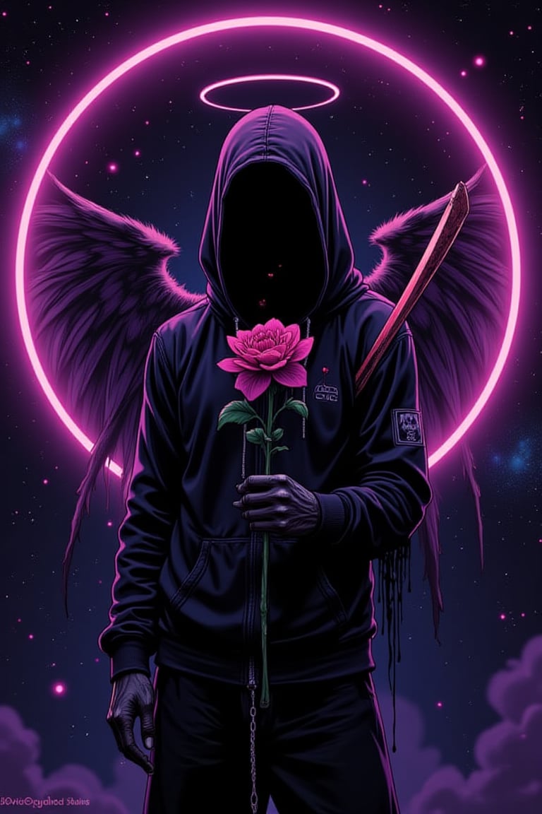 illustration, cartoon, anime, manga, drawing, 
score_9, score_8_up, score_7_up, score_6_up, score_5_up, score_4_up,  hds style, cel shading, linear hatching, holding scythe, holding neon flower, tears, dripping tears, neon glow, upper body, fallen angel, (faceless, eyeless, void face, black skin:1.2), made from smoke, spirit, digital art, male, creature, cosmic, monster, skinny, galaxy skin, halo, wings, techwear jacket, galaxy background, holding, glitch 



 

  