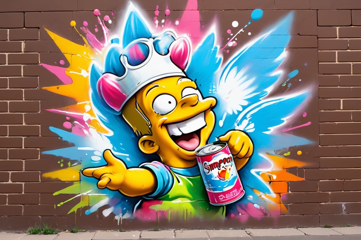 Graffiti, pastel. A vibrant street mural on a brick wall featuring a cartoonish, mischievous Simpson. Simpson is holding a can of paint and spraying it. Simpson has an exaggerated, joyful expression and is smiling widely. The background is a mix of graffiti-style elements and splashes of color, highlighting the atmosphere of urban street art.