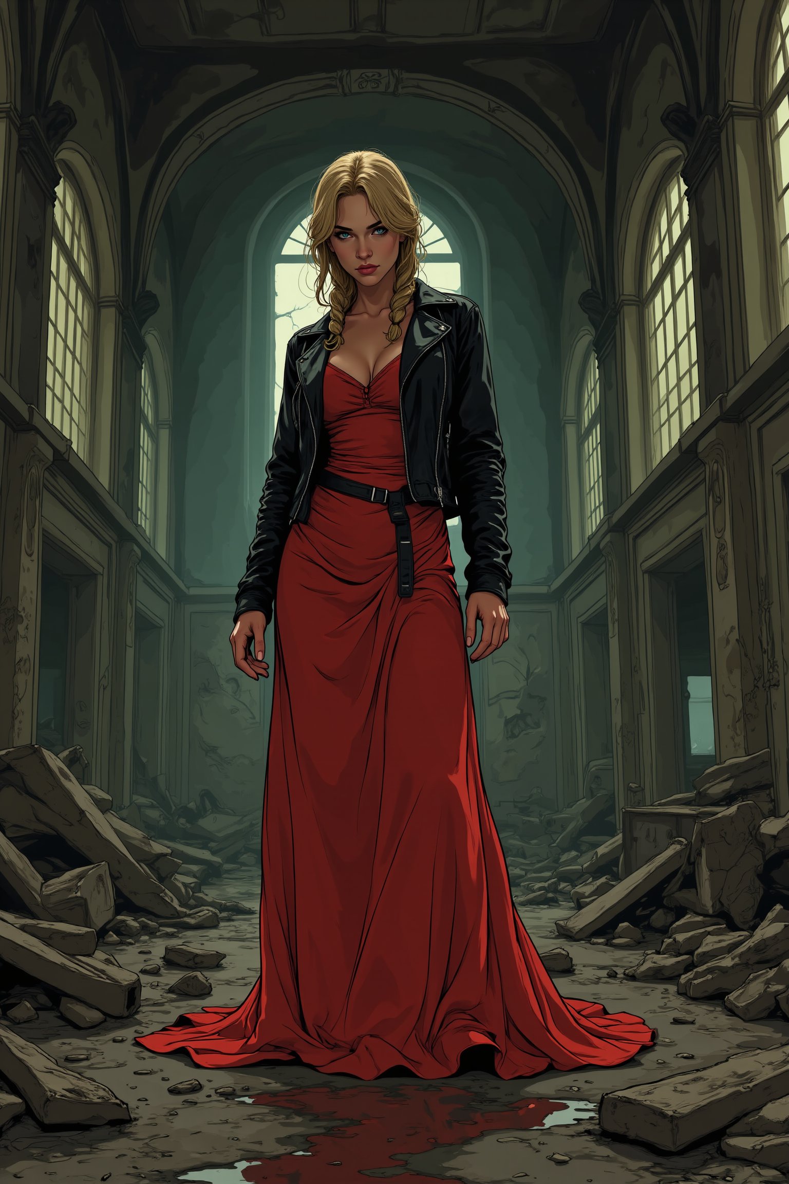 illustration, cartoon, anime, manga, drawing, 
score_4_up, score_9, score_8_up, score_7_up, score_6_up, 7_up, score_6_up, 
"A young woman standing in an abandoned, dilapidated building, wearing a flowing red dress and a black leather jacket. She has braided blonde hair and a confident yet mysterious expression. The setting is gritty, with rubble and debris scattered on the floor, adding a sense of contrast between her elegant dress and the rough environment. The natural light from the windows creates a soft glow, illuminating her figure and casting gentle shadows around her. The overall mood is a mix of rebellious elegance, blending beauty with decay in a post-apocalyptic urban setting."



