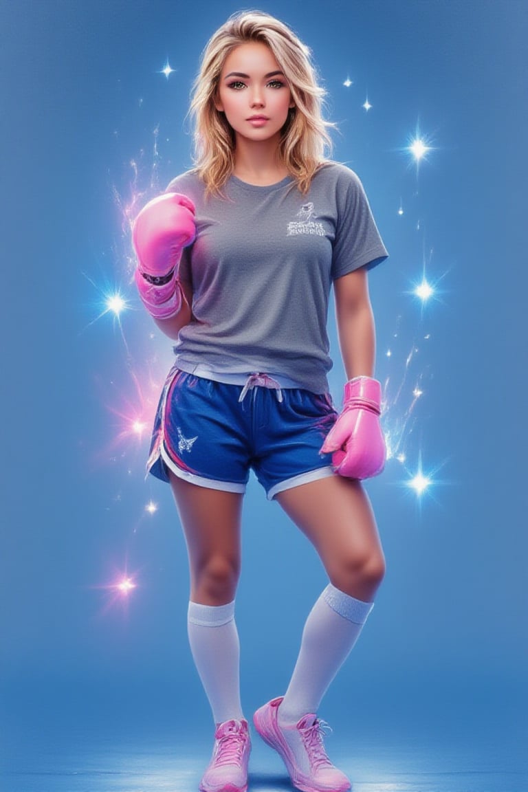 Midjourney style, Pastel, Cinematic style, high fidelity, realism, chiaroscuro, play of shadow and light,
1 girl, solo, looking at viewer, blonde, wearing a gray shirt with short sleeves, blue shorts, white socks, and pink shoes. She has golden eyes, gloves, and a ponytail. Full body shot with a gradient blue background. Pink boxing gloves, sneakers, and a gradient effect. Q version of the art, enhanced all, made by official art. A sleek and lovely masterpiece.