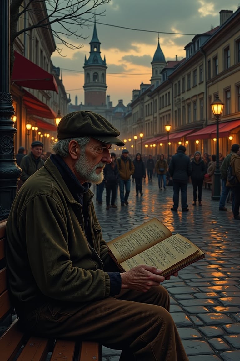 illustration, cartoon, anime, manga, drawing, 
score_4_up, score_9, score_8_up, score_7_up, score_6_up, 7_up, score_6_up, 
A silent poet, sitting alone on a bench in a bustling city square at twilight. The poet is an elderly man with a thoughtful expression, wearing a worn-out newsboy cap, a loose-fitting turtleneck, and corduroy pants. He is holding a worn-out notebook with scribbled poems in it. The city square is filled with people of various ages and cultures, chatting, laughing, and enjoying their evening. The atmosphere is lively yet peaceful. The background details include vintage street lamps, cobblestone paths, and historic buildings. The overall mood is serene and nostalgic.

