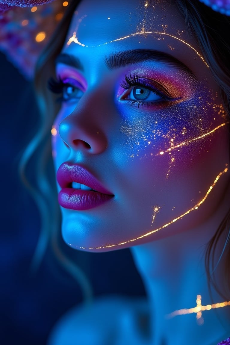 Beauty, realism, cinematic quality, chiaroscuro, rays of light, play of shadow and light, cinematic style, Super HD, Midjourney style, A close-up portrait of a woman in makeup is dominated by shades of blue and purple. Golden lines and patterns are intertwined around her face, giving it airiness and artistry. The background is made in deep blue and purple tones interspersed with distant galaxies. the atmosphere is mystical and dreamy.