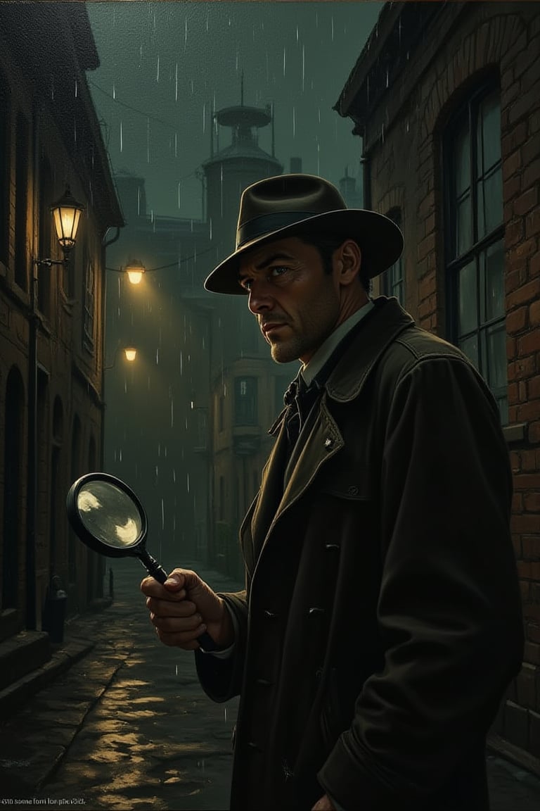 illustration, cartoon, anime, manga, drawing, 
score_4_up, score_9, score_8_up, score_7_up, score_6_up, 7_up, score_6_up, 
Oil painting of a timeless detective, male, 40s, trench coat, fedora, holding magnifying glass, examining crime scene, mysterious expression, dimly lit, foggy alley, brick walls, rainy night, cobblestone street, gas lamps, vintage film noir, film grain, Chiaroscuro, dramatic shadows, detailed, intricate, high contrast, rich colors, masterpiece, classic, elegant, masterful brushwork

