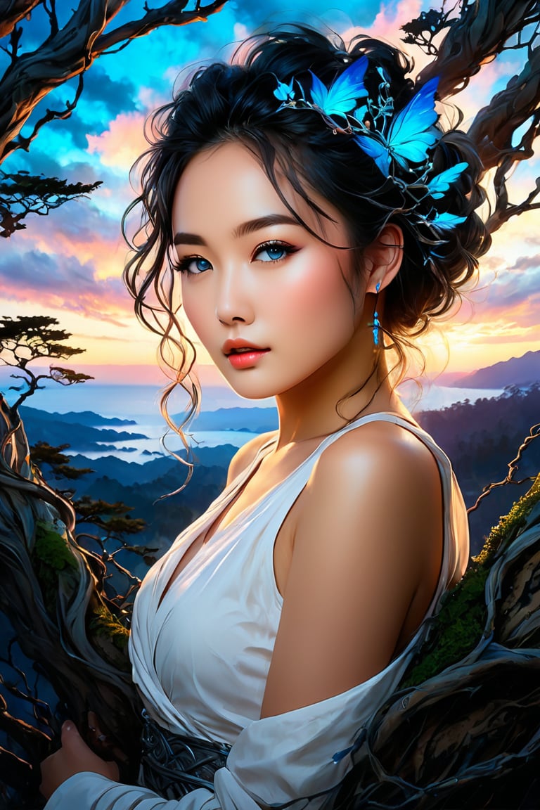 Midjourney, MJ, Midjourney style, realism, cinematic quality, painting, Moa Kikuchi A surreal, hyper-realistic portrait of Moa Kikuchi's face with piercing blue eyes, framed by twisted, gnarled tree branches that intertwine with her hair. The background is filled with dramatic, colorful clouds, creating a fairy-tale atmosphere. The overall composition evokes a sense of mysticism and harmony between humanity and nature, blending elements of earth, sky and life into a coherent, ethereal scene.,manga,Niji style,cartoon style