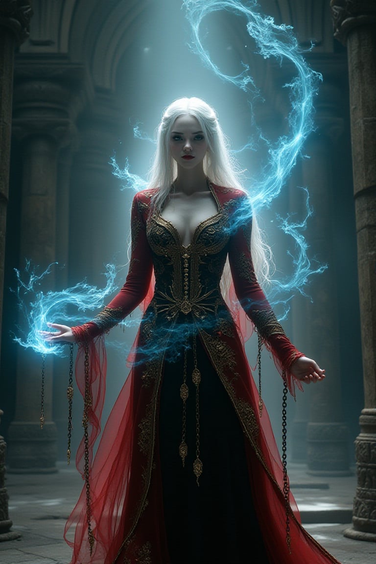 Abstract Lighting Effects, flowers, patterns, Midjourney style, Photorealism, Cinematic style, high fidelity, realism, chiaroscuro, play of shadow and light, rays of light.
"A powerful, ethereal female sorceress with pale skin and long white hair, wearing an intricate, ornate red and gold coat. She stands in an ancient gothic hall, surrounded by an atmosphere of magic and mystery. The sorceress conjures a swirling magical spell from her hand, glowing with blue, ethereal light. Chains dangle from her other hand, adding a dark and ominous touch. Her piercing eyes and expression exude strength and confidence. The background is shrouded in mist, with grand pillars and dark, antique details emphasizing the gothic fantasy setting."

