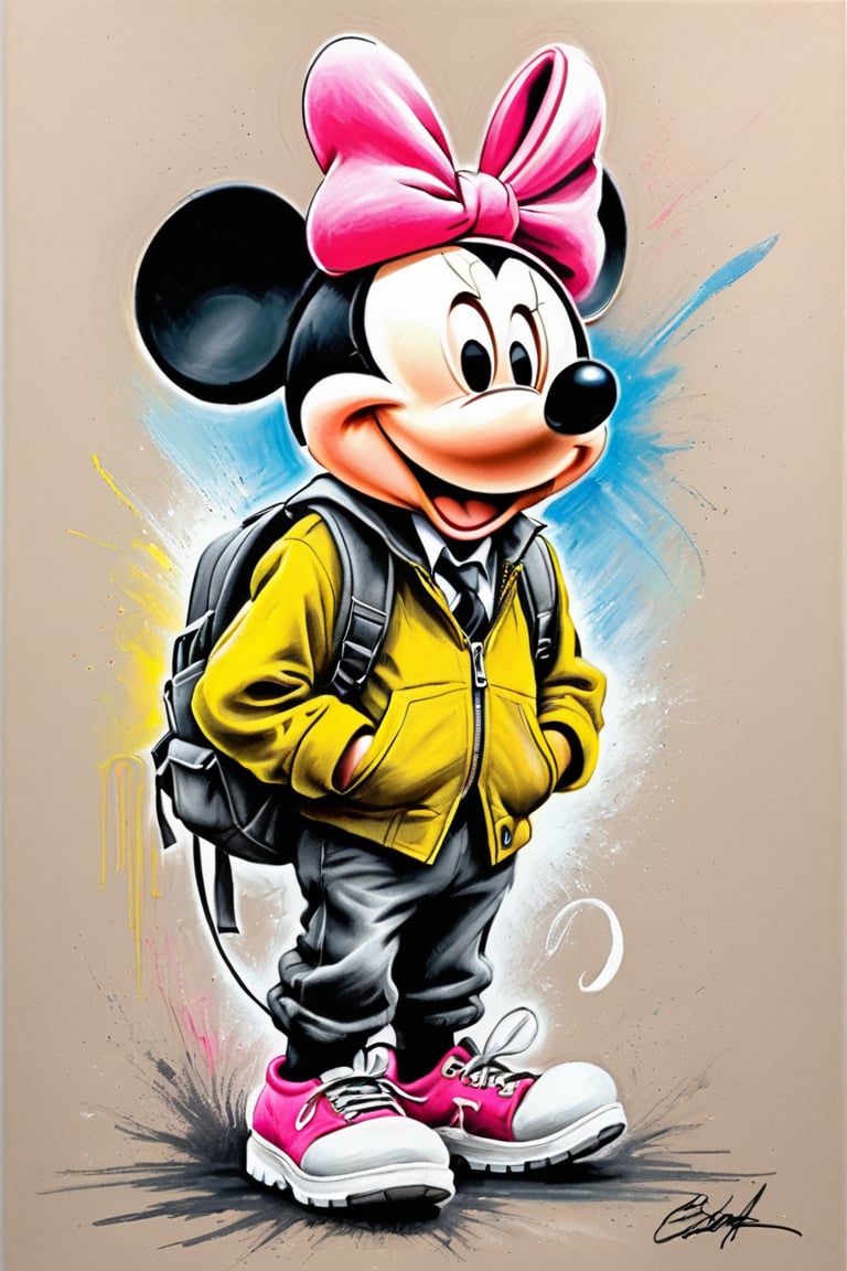 #pastel, #dry chalk drawing, #chalk on paper, #chalk shading, #chalk drawing, #tinted paper, #colored chalk drawing, #chalk shading,
Mickey Mouse style graffiti, with his signature pink hat and yellow bow tie. Mickey's girl is wearing a black jacket, black pants and black sneakers. She is carrying a backpack
style: Antonio Mora, Andre Cohn, Arthur Bordalo, Bob Ringwood, Benedick Bana,Charcoal drawing, black pencil drawing,colored crayons