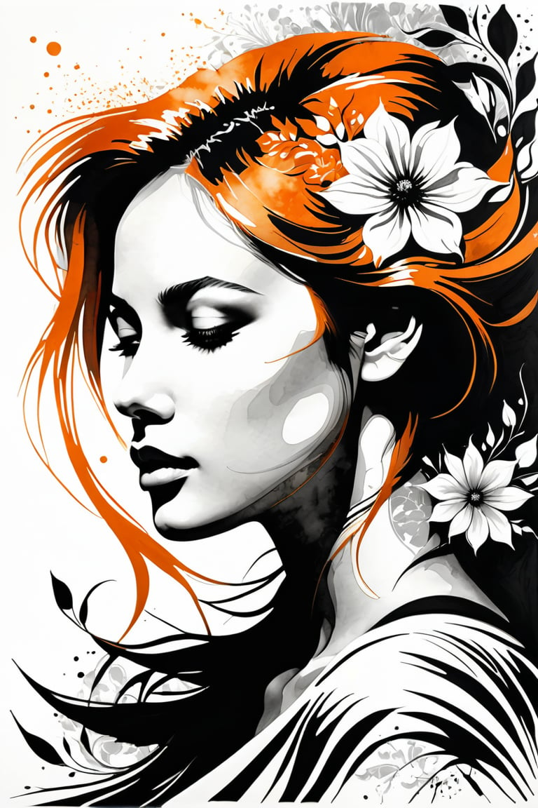 Charcoal drawing, A striking minimalist illustration features a young woman with vibrant orange hair cascading to her mid-length. She wears a fitted white t-shirt adorned with orange patches on the sleeves, which are slightly wet and cling to her sculpted figure. In the background, an exquisite abstract artwork depicts a captivating side profile of a human face with closed eyes, showcasing a unique marbled skin pattern. The face is adorned with a dazzling array of vibrant, intricately detailed floral motifs, harmoniously blending the essence of humanity with the organic beauty of nature. The rustic, textured brown background contrasts with the white and grayscale tones of the floral design, drawing the viewer into the artwork. The intricate details of this masterpiece invite exploration of its visual narrative, while the skillful fusion of the human silhou
painting in the style of artists such as Russ Mills, Sakimichan, Vlop, Leush, Artgerm, Darek Zabrocki and Jean-Baptiste Monge,colored pencils, black pencil drawing,women,colored crayons, golden and black spirit,golden patterns