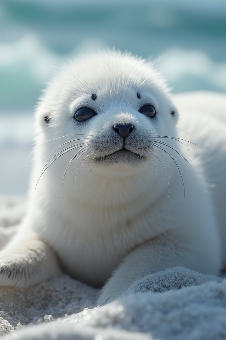 Cinematic, Beauty, Realism, Light and Shadow, Cinematography, Film Stills,, "Close-up portrait of adorable baby cheerful harp seal, fluffy white fur, big dark eyes, cute little nose, whiskers, sitting on the beach. Soft focus with ocean in the background. Hyperrealistic, detailed fur texture, high quality nature photography style."