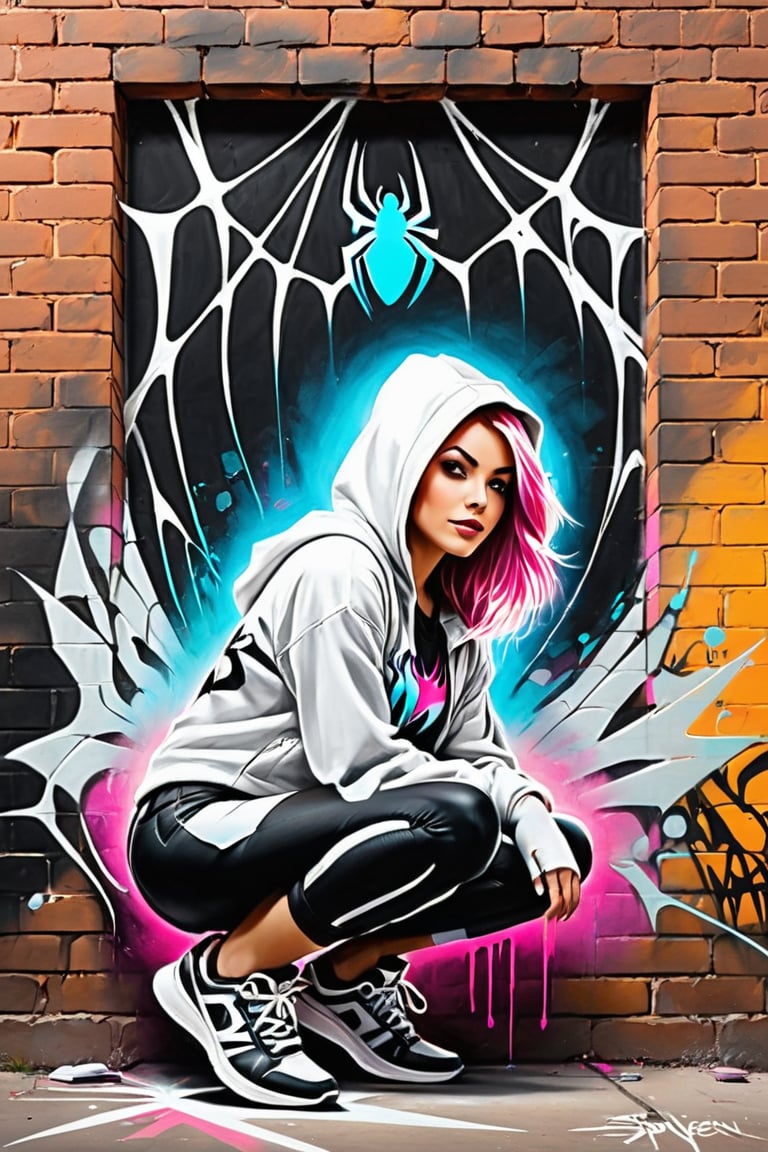 graffiti, pastel, graffiti on brick wall, spray paint on wall, colorful graffiti, street art, Spider Gwen lying in white web hammock, Spider Gwen outfit, skyscraper roof, seductive, hoodie, tight clothes, sneakers, attractive body, sunset, glow, fantasy, magical,Charcoal drawing,Pastel, drawing with dry chalk