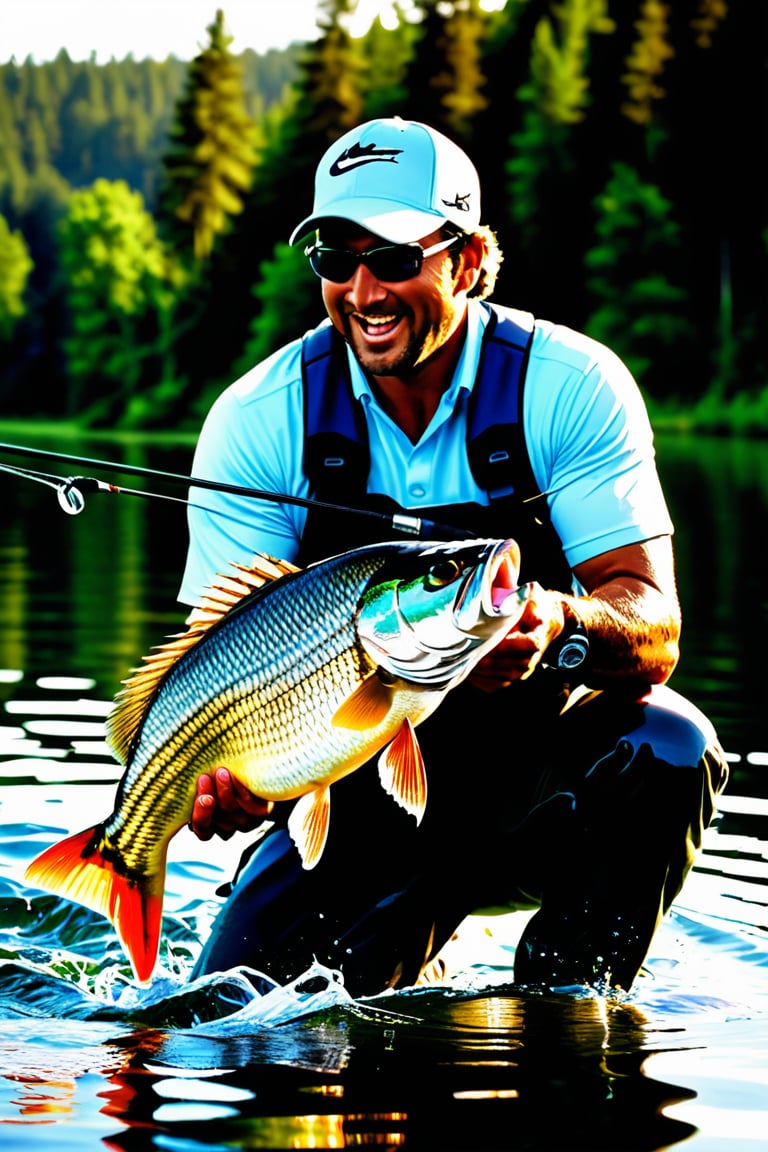 A thrilling fishing scene captures the moment of victory as the angler reels in a massive, gleaming fish. The fish's scales shimmer in the sunlight, reflecting the ripples on the water's surface. The angler's determination is evident in their focused expression, while the fishing rod bends under the weight of the catch. The background showcases a serene lake surrounded by lush greenery and a picturesque sky. women