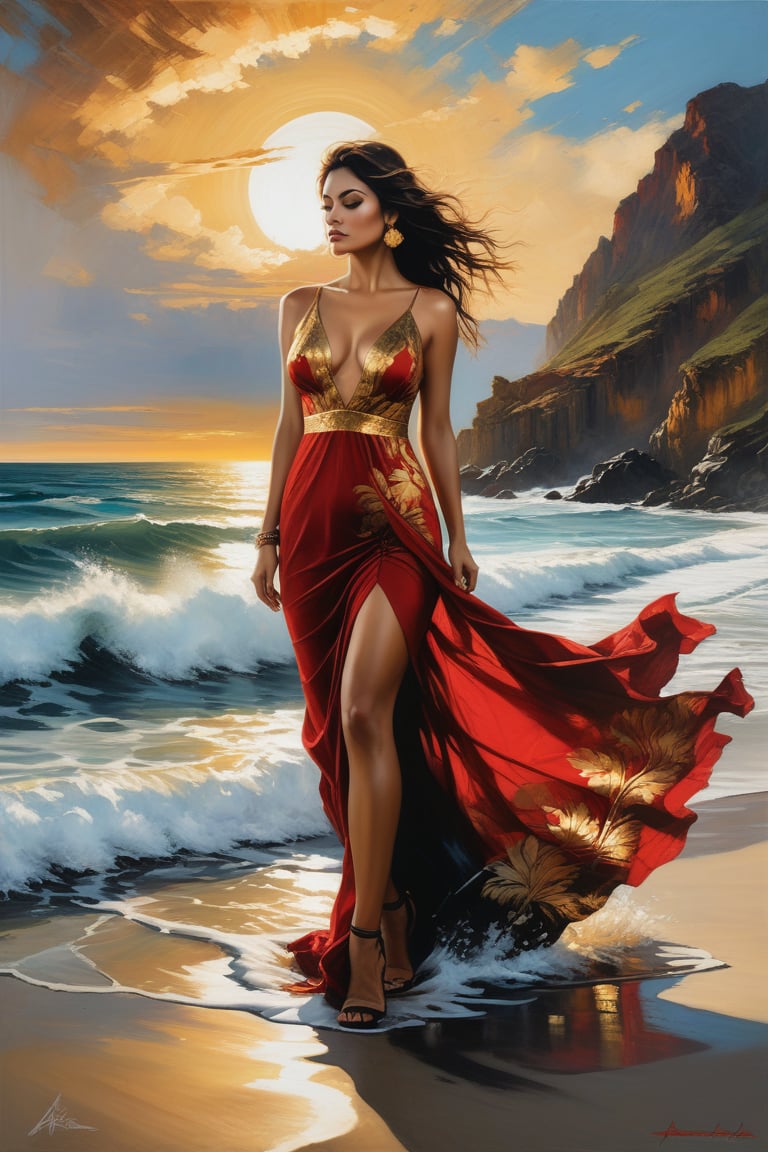 A stunning oil painting capturing the essence of the beach, featuring a bohemian woman with a voluptuous figure clad in a bold and vibrant red, gold. The dress features a plunging neckline, fashion, photo, portrait photography
vibrant, painting, illustration, portrait photography, dark fantasy, golden patterns, golden and black spirit, DissolveSdxl0
this captivating image is the brainchild of esteemed artists Jim Mahfood, Henry Asencio, Greg Rutkowski, Craig Davison, Jenny Saville, Bernie Wrightson, and Frank Frazetta.,scenery,women