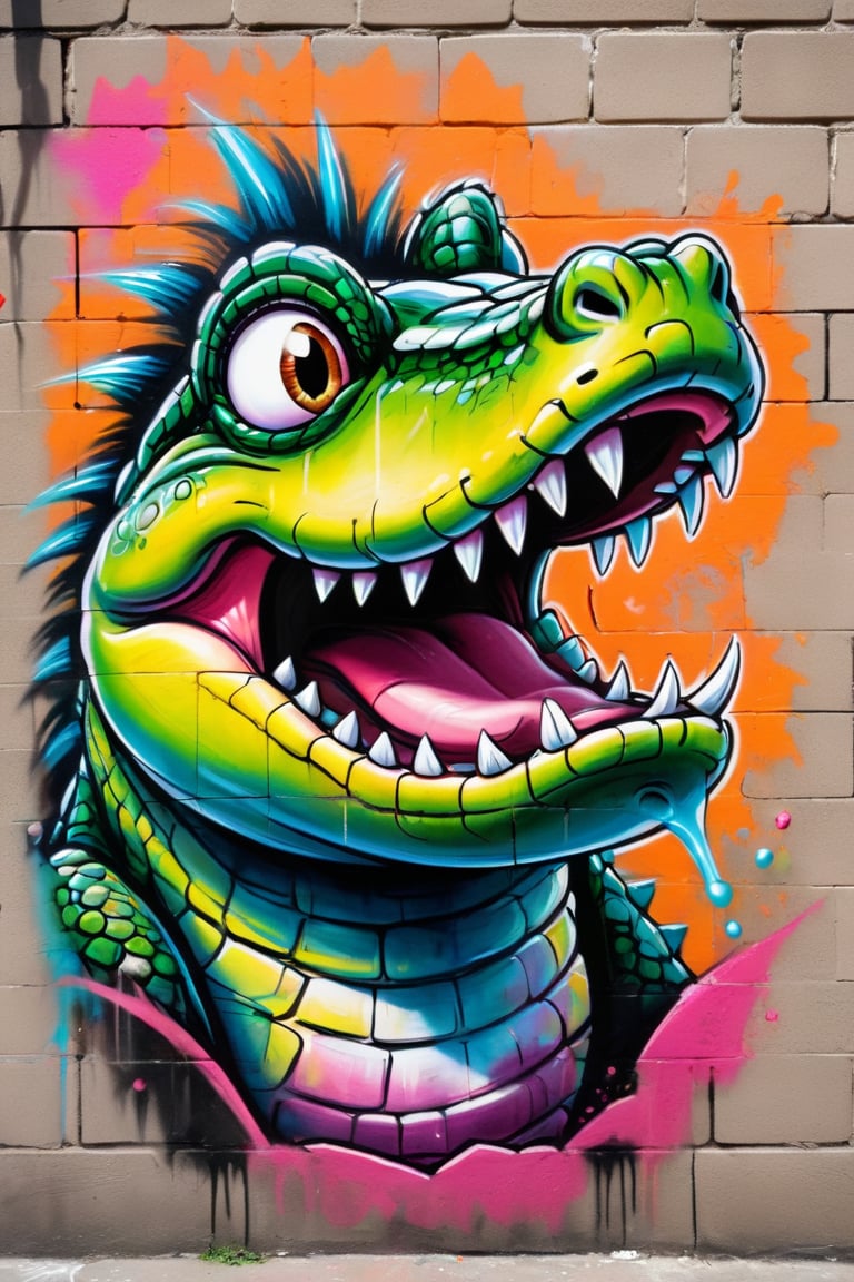 #Pastel, #dry chalk drawing, #chalk on paper, #chalk shading, #chalk drawing, #tinted paper, #colored chalk drawing, #chalk shading. graffiti, graffiti on a brick wall, graffiti on a wall, spray painting on a wall, colored graffiti. A playful and expressive cartoon-anime crocodile with a wide and stupid idiotic smile, huge eyes and a long sticking out tongue.