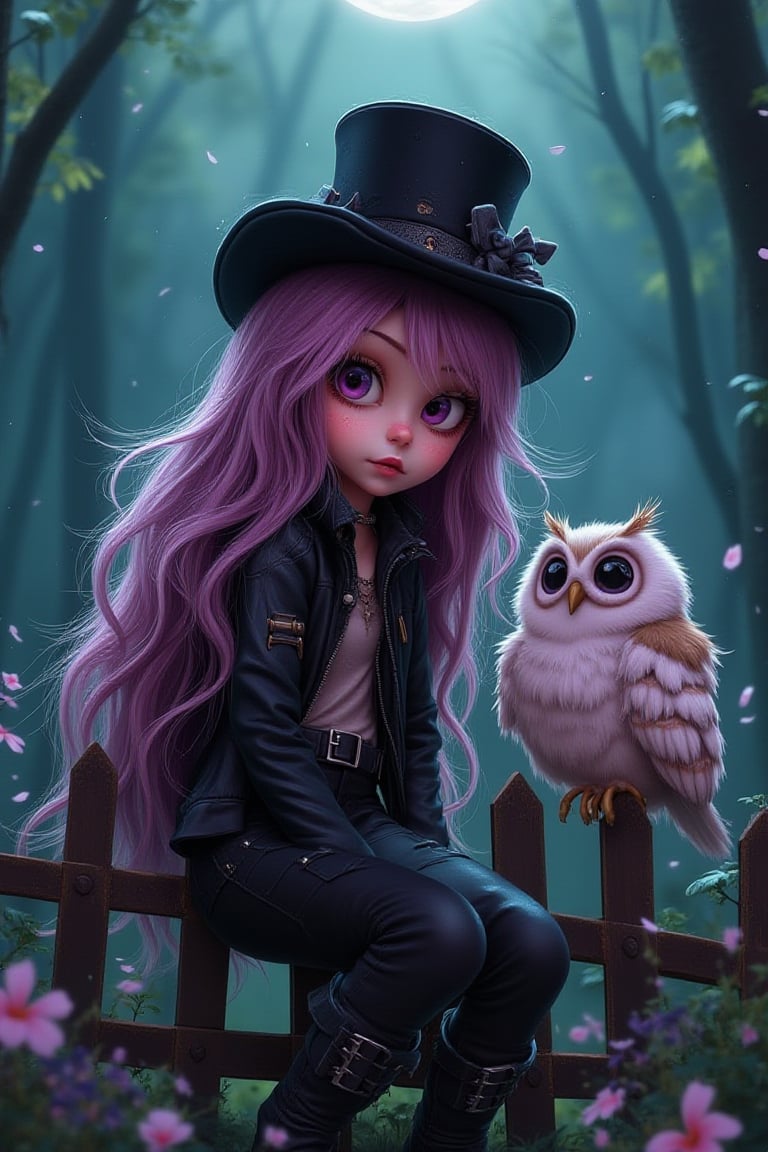 funny animals, Midjourney style, Photorealism, Cinematic style, high fidelity, realism, chiaroscuro, play of shadow and light, rays of light.
A whimsical, gothic, and kawaii style art scene featuring a cute little girl with messy long hair sitting on the fence with her fluffy owl beside her. She wears a top hat, styled by Artgerm, leather pants, buckled boots. The color palette includes purples, pinks, blacks, green and lavenders, with touches of white. She has marbled lipstick. The setting is magical and enchanting, like a moonlit forest or mystical castle, reminiscent of Anton Semenov's work.

