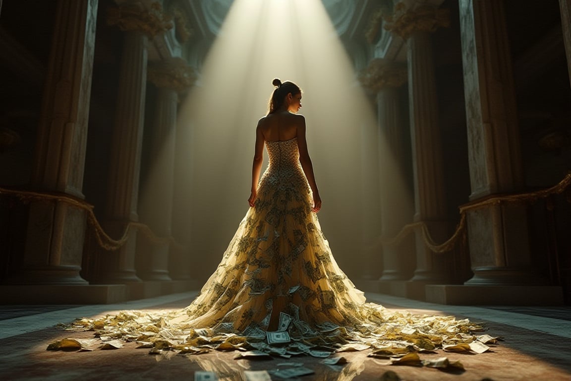 Abstract Lighting Effects, flowers, patterns, Midjourney style, Photorealism, Cinematic style, high fidelity, realism, chiaroscuro, play of shadow and light, rays of light.
"A stunning woman standing in a grand, dimly lit room, wearing a luxurious gown made entirely out of dollar bills. The dress cascades behind her, with money spread across the floor. Soft beams of light shine down from above, casting a dramatic spotlight on her elegant pose. The room has a high ceiling and an atmosphere of opulence and power, with the woman exuding confidence and grace. The setting is cinematic, with a soft glow highlighting the textures and details of the dollar bill dress. The overall mood is symbolic of wealth, extravagance, and luxury."


