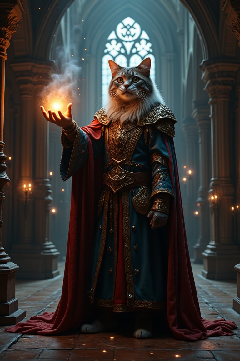 Beauty, realism, cinematography, chiaroscuro, rays of light, play of shadow and light, cinematic quality, Cinematic style, 
"A majestic cat in a fantasy medieval setting, dressed as a powerful wizard with ornate robes and intricate armor. The cat stands tall, casting a spell with one paw extended, surrounded by glowing magical particles. The scene is set in a grand, ancient cathedral-like environment with gothic architecture, rich in detail and illuminated by a mystical light. The atmosphere is epic and cinematic, capturing the essence of a fantasy world where animals are powerful sorcerers."

