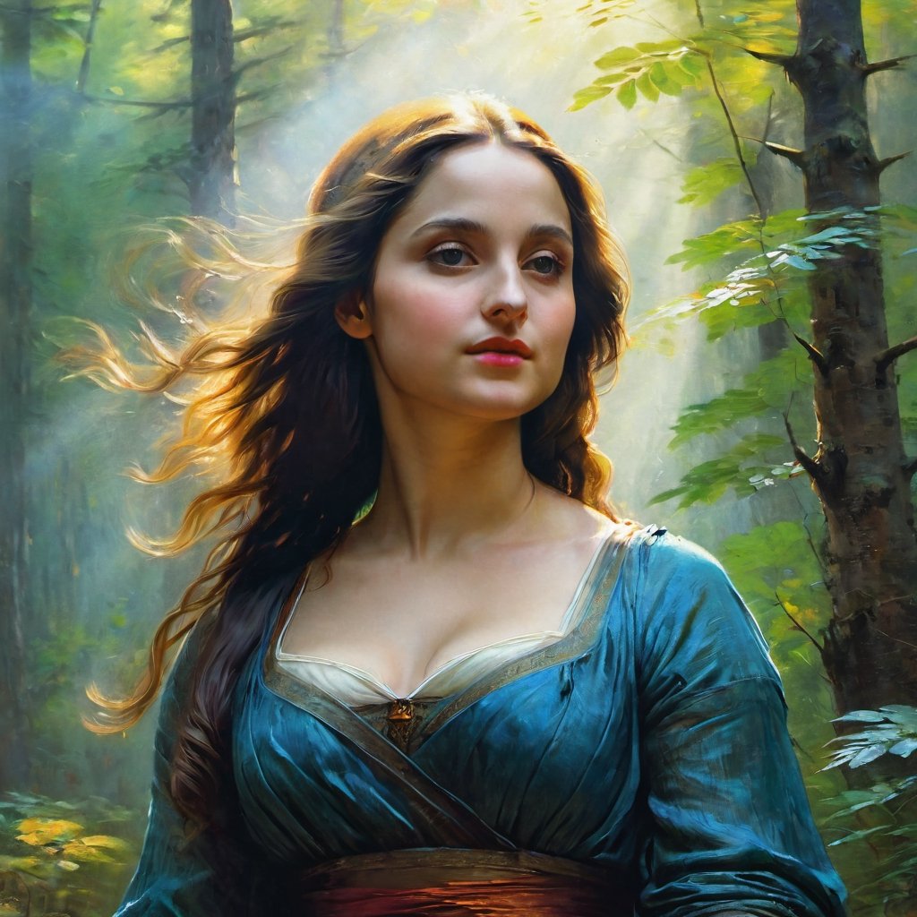 Masterpiece 8k, RGB, HDR, intricate action, close-up, portrait of a very beautiful girl, bottom-up view, in motion, strong wind, magical atmosphere of the magic of an old dense forest, sun rays, dust, cinematography, raw photography, pencils, oil paint, bright saturated colors,
Jarek Kubitsky, Ilya Repin, Ivan Aivazovsky, Gabriele Del Otto,Oil painting of Mona Lisa 