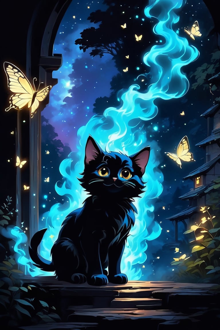 sense of depth and intrigue, monochromatic color scheme, digital brush strokes,  vector graphics, neon colored, 
A kitten bathed in moonlight looks at a glowing firefly butterfly, side view, he looks up, ((magic glowing magic smoke and fireflies surround him)) and tiny butterflies dance around him, in the window of a village house, a magical night, whimsical, dreamy, fabulous, perfect anatomy, perfect composition, ((golden ratio)) art MSchiffer, Gabriele Dell'otto, AI Midjourney model