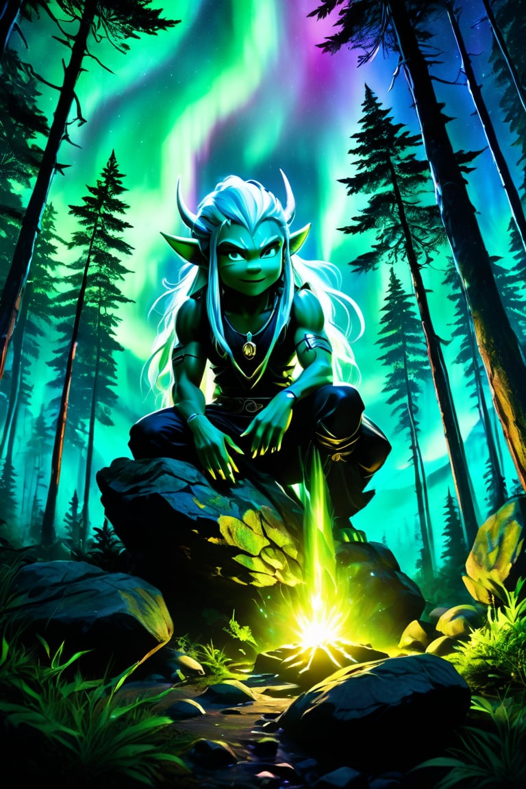 Midjourney, MJ, Midjourney style, realism, cinematic quality, painting,
A STONE GOBLINE AT NIGHT IN THE FOREST WITH AN AURORABOREALIS ON THE SKY,manga,Niji style,cartoon style