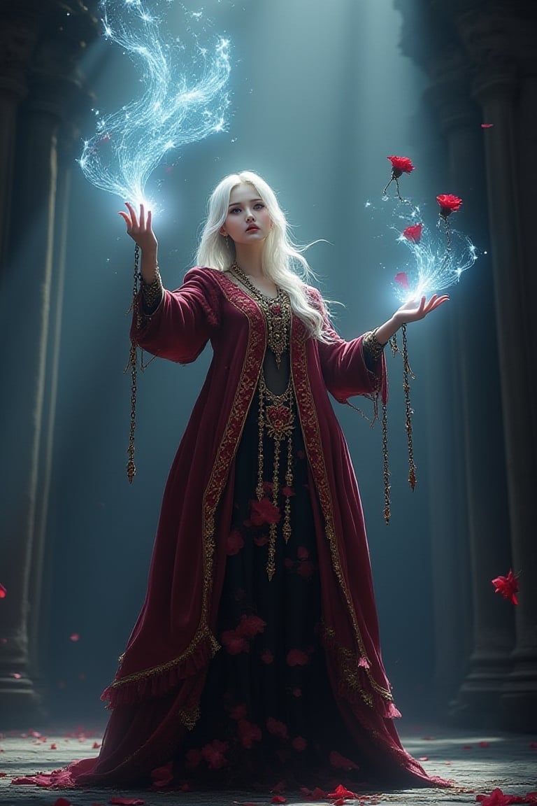 Abstract Lighting Effects, flowers, patterns, Midjourney style, Photorealism, Cinematic style, high fidelity, realism, chiaroscuro, play of shadow and light, rays of light.
"A powerful, ethereal female sorceress with pale skin and long white hair, wearing an intricate, ornate red and gold coat. She stands in an ancient gothic hall, surrounded by an atmosphere of magic and mystery. The sorceress conjures a swirling magical spell from her hand, glowing with blue, ethereal light. Chains dangle from her other hand, adding a dark and ominous touch. Her piercing eyes and expression exude strength and confidence. The background is shrouded in mist, with grand pillars and dark, antique details emphasizing the gothic fantasy setting."

