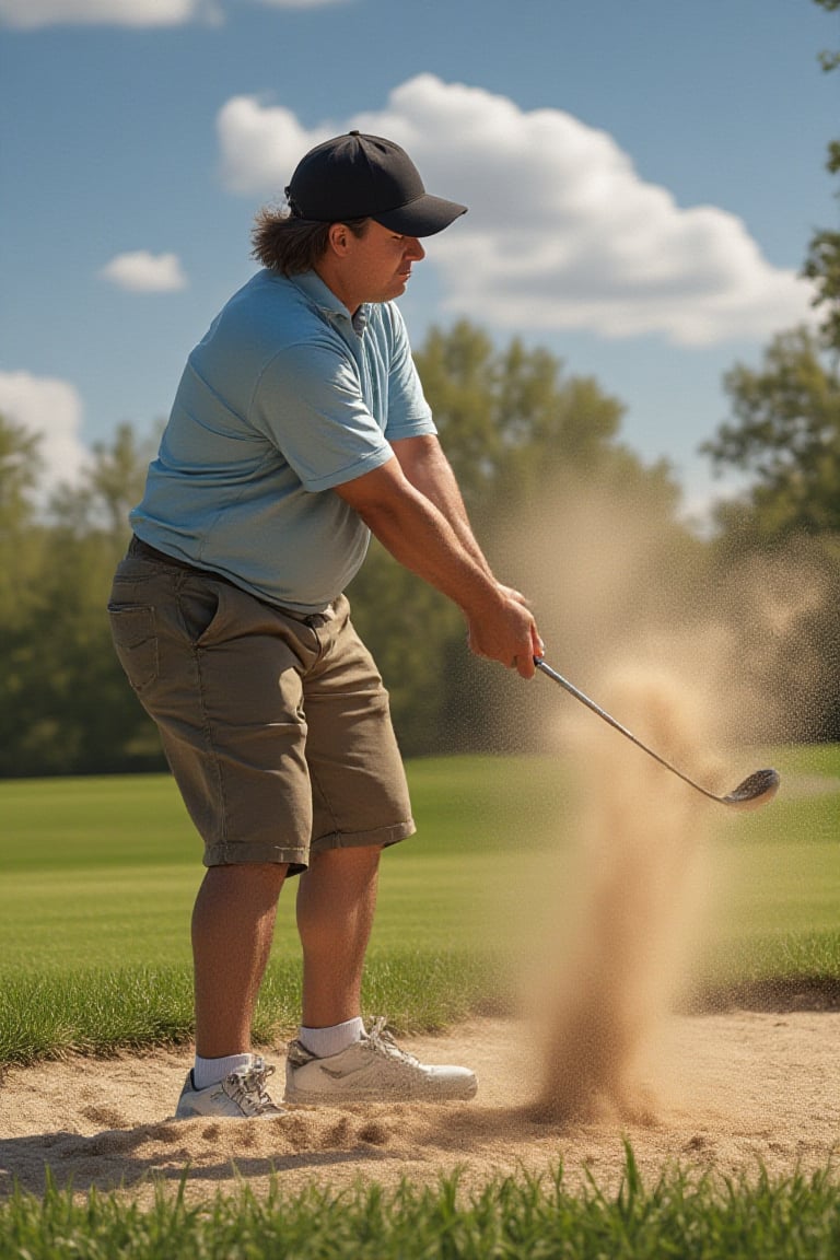 Midjourney style, illustration, Cinematic style, high fidelity, realism, chiaroscuro, play of shadow and light,
an overweight golfer in casual clothing hitting his ball out of a golf sand trap with sand flying through the air, wearing a forward facing black baseball hat, shot on a iPhone 12,