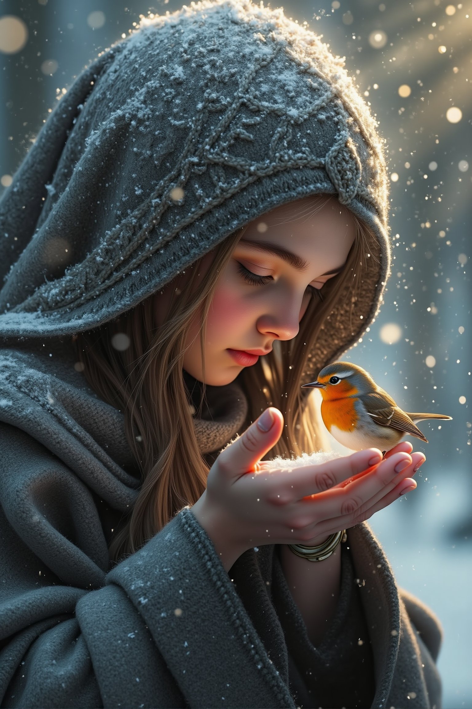 Midjourney style, cinematic style, high quality, realism, chiaroscuro, still film, realism, 
Epic winter scene of delicate adolescent draped in viking tribal attire, high detailed wool fabric, with intricate patterns, rough structures, her tender hands protect a petite robin bird amidst an abundant snowfall, illuminated by sparkling, reflective rays of sunlight, Charlie Bowater's signature art style, early morning forest backdrop, soft snow carpeting the ground, sunlight piercing through the pine forest, rays reflecting off glittering snow, soft hues, delicate details





 
  

  
