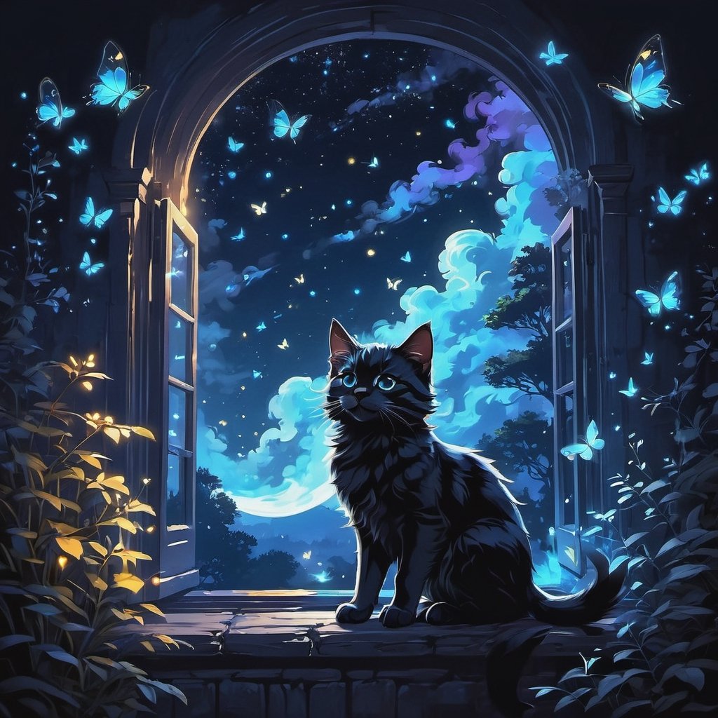 sense of depth and intrigue, monochromatic color scheme, digital brush strokes,  vector graphics, neon colored, 
A kitten bathed in moonlight looks at a glowing firefly butterfly, side view, he looks up, ((magic glowing magic smoke and fireflies surround him)) and tiny butterflies dance around him, in the window of a village house, a magical night, whimsical, dreamy, fabulous, perfect anatomy, perfect composition, ((golden ratio)) art MSchiffer, Gabriele Dell'otto, AI Midjourney model