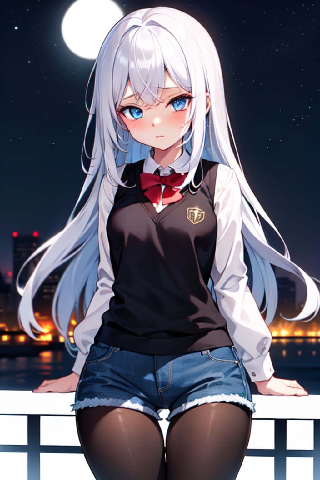 one girl,white hair, long hair, long bangs,sky blue eyes,beautiful eyes,perfect body,black school vest long sleeves,red shorts (denim texture),black pantyhose,shy pose, in a park,night,full moon,povbathinfront