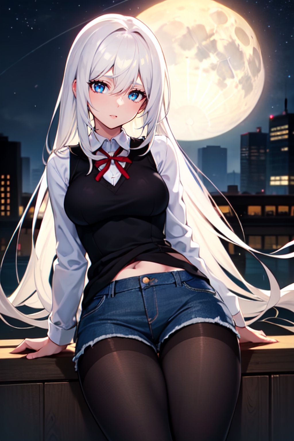 A2,white long hair, fit trim, aa1,one girl, white hair, long hair,hair between eyes, long bangs, sky blue eyes, beautiful eyes,thick legs,perfect body white school shirt long sleeves, black vest,red shorts (denim texture),black pantyhose,shy pose,in park,night,full moon, detailed.,yorha type a no. 2,very long hair