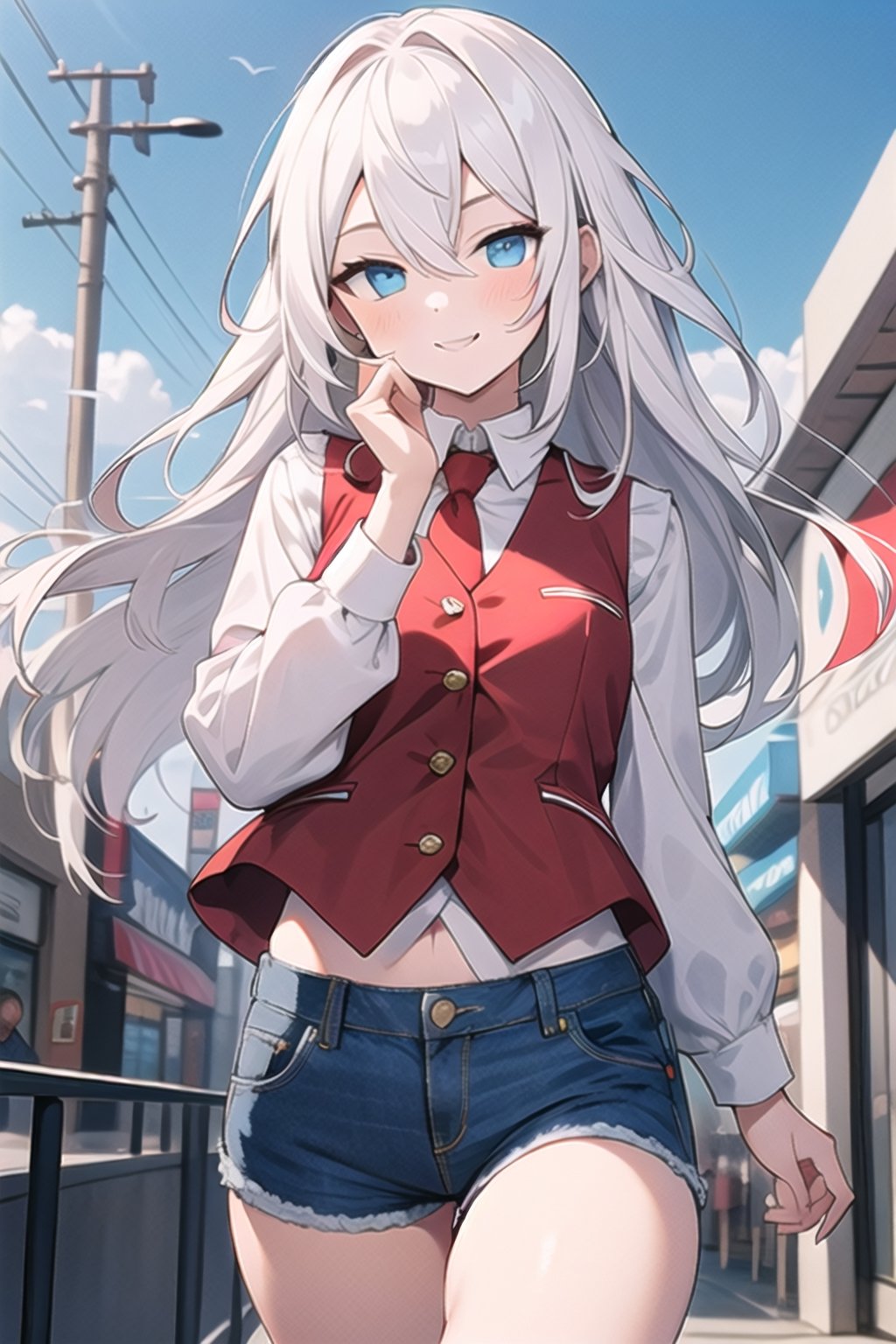 one girl,white hair, long hair,hair between eyes, long bangs,sky blue eyes,beautiful eyes,bright eyes,white shirt long sleeves into black sleeveless vest,red tie,red shorts (denim texture),happiness pose,in a mall