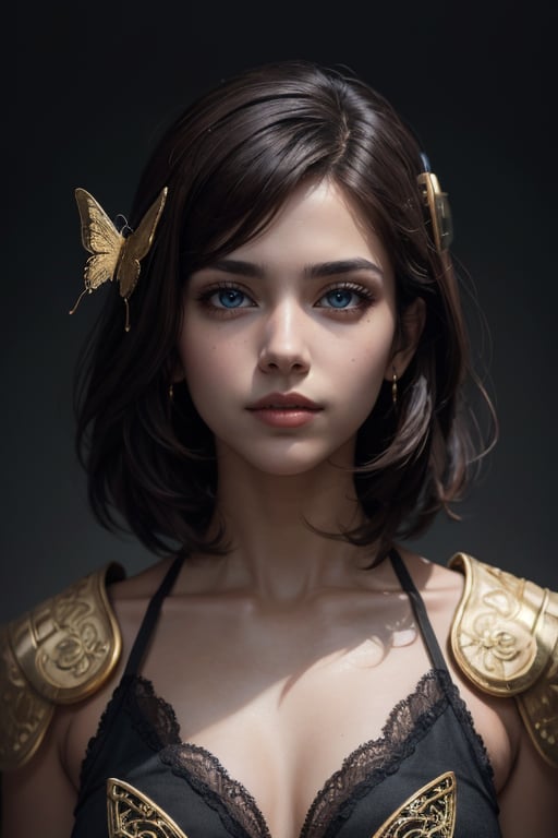 8k portrait of beautiful Shirley setia as cyborg with brown hair, intricate, elegant, highly detailed, majestic, digital photography, art by artgerm and ruan jia and greg rutkowski surreal painting gold butterfly filigree, broken glass, (masterpiece, sidelighting, finely detailed beautiful eyes: 1.2), hdr, (detailed background window to a new dimension, plants and flowers:0.7) ,b3rli