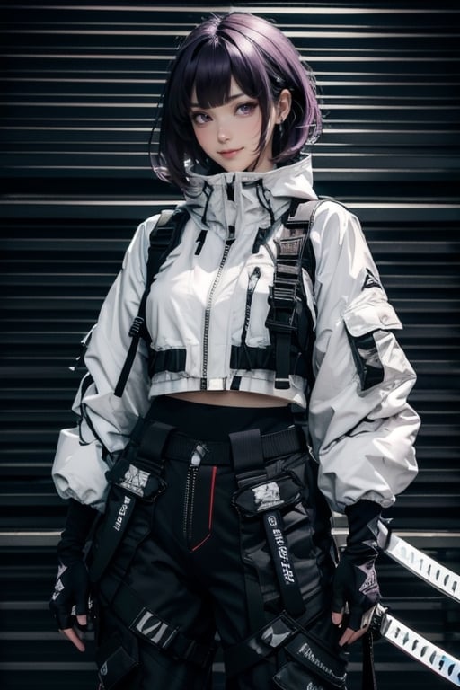 masterpiece, best quality, highres, mature woman, asian, huge breasts, long hair, dark purple hair, hime cut hair, detailed face, small smile, wide hips, urban techwear, techwear jacket, techwear pants, techwear gloves, katana 