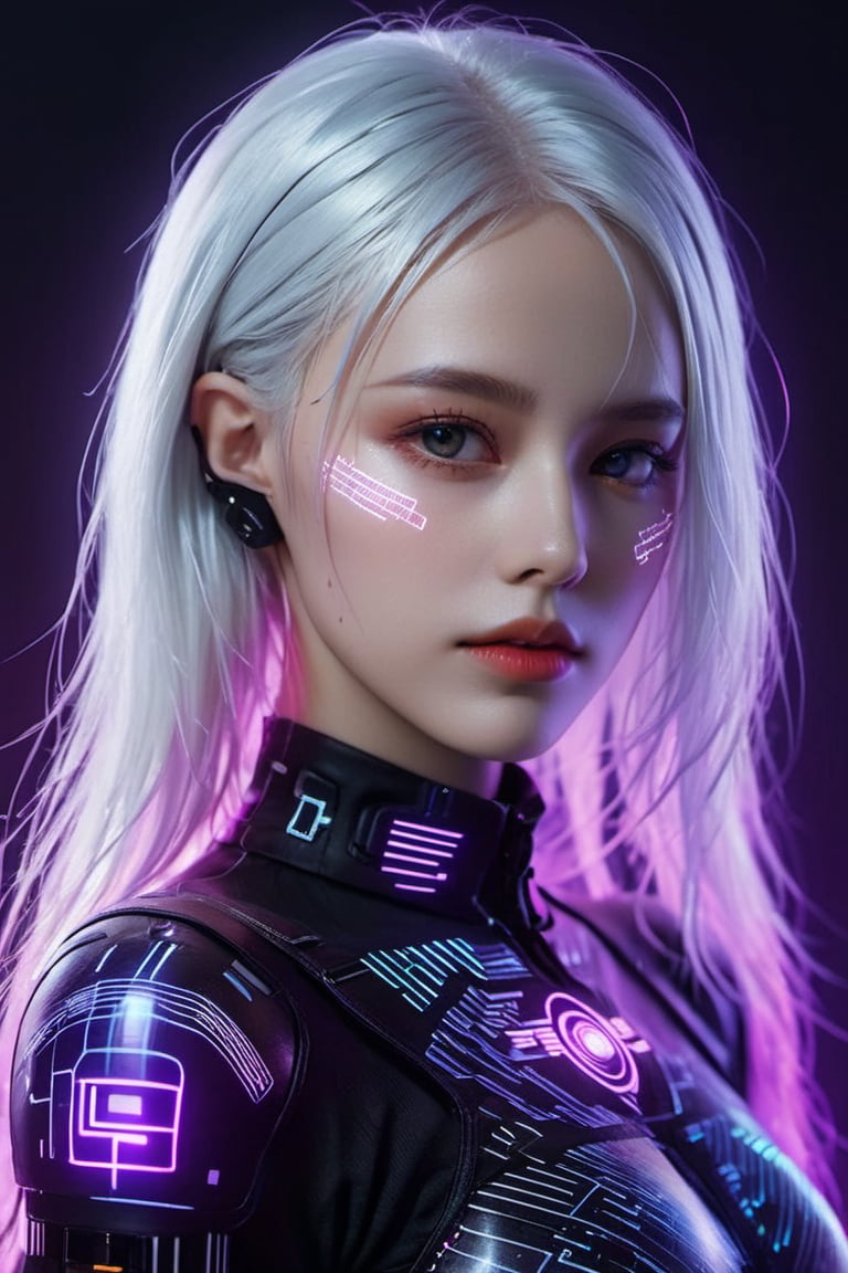 Rogue hacker woman, holographic skin patches, asymmetrical white hair with binary code strands. Eyes, iridescent violet, decoding complex algorithms. Lips, metallic rose, voicing encrypted secrets. xxmix_girl, detailed eyes,cyberpunk style, cyberpunk