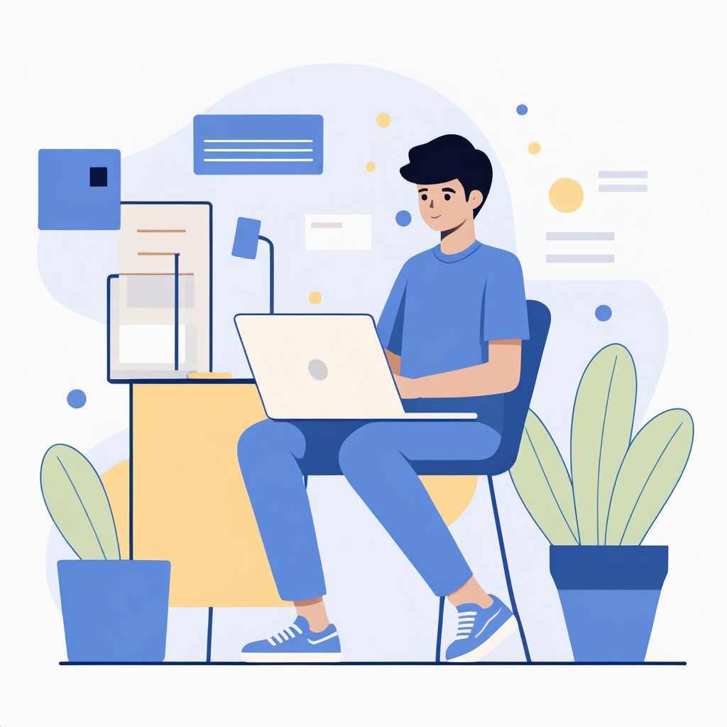 no background, ((no-line-stickers)), modern, minimalistic, dynamic nevy blue colours, profile photo avatar of a boy working in his laptop,no other elements, Flat illustration