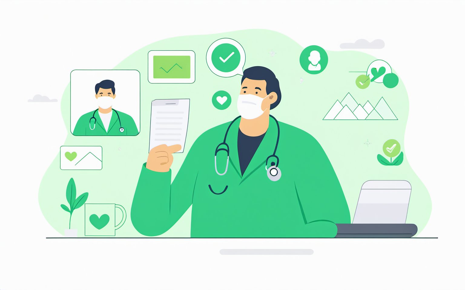 no background, ((no-line-stickers)), modern, minimalistic, dynamic green colour, virtual healthcare ,Flat illustration