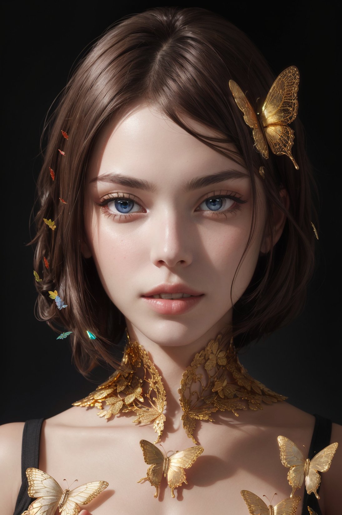 8k portrait of beautiful cyborg with brown hair, intricate, elegant, highly detailed, majestic, digital photography, art by artgerm and ruan jia and greg rutkowski surreal painting gold butterfly filigree, broken glass, (masterpiece, sidelighting, finely detailed beautiful eyes: 1.2), hdr, (detailed background window to a new dimension, plants and flowers:0.7), seductive looking 