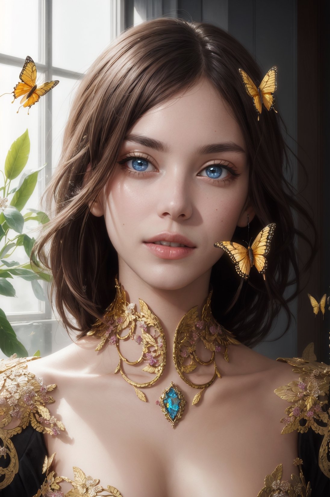 8k portrait of beautiful cyborg with brown hair, intricate, elegant, highly detailed, majestic, digital photography, art by artgerm and ruan jia and greg rutkowski surreal painting gold butterfly filigree, broken glass, (masterpiece, sidelighting, finely detailed beautiful eyes: 1.2), hdr, (detailed background window to a new dimension, plants and flowers:0.7),