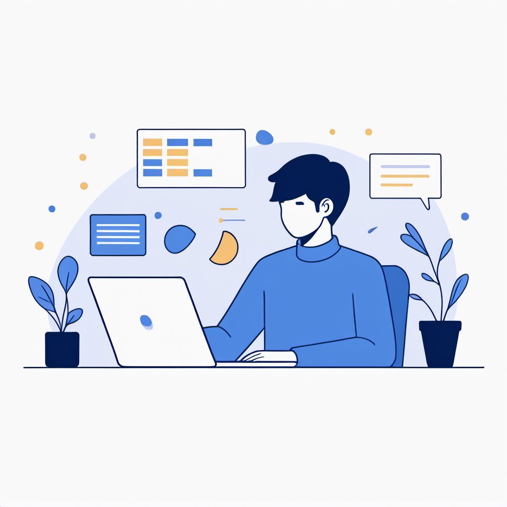 no background, ((no-line-stickers)), modern, minimalistic, dynamic nevy blue colours, profile photo avatar of a boy working in his laptop,no other elements, Flat illustration