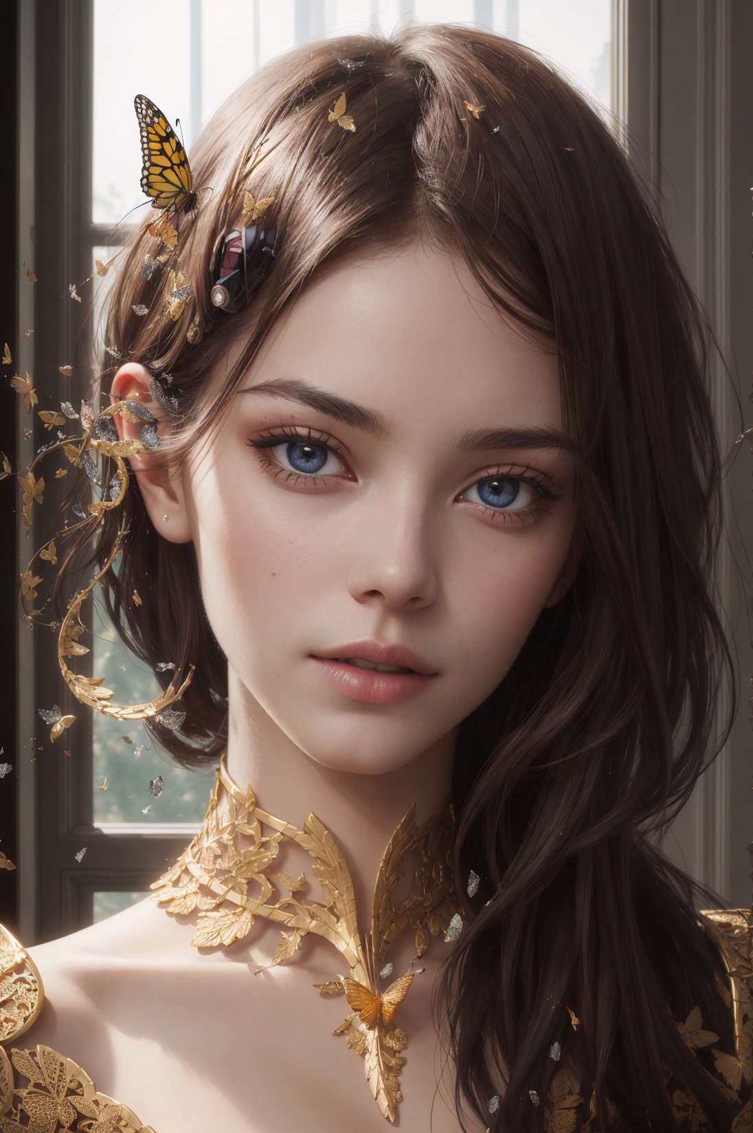 8k portrait of beautiful cyborg with brown hair, intricate, elegant, highly detailed, majestic, digital photography, art by artgerm and ruan jia and greg rutkowski surreal painting gold butterfly filigree, broken glass, (masterpiece, sidelighting, finely detailed beautiful eyes: 1.2), hdr, (detailed background window to a new dimension, plants and flowers:0.7), seductive looking 