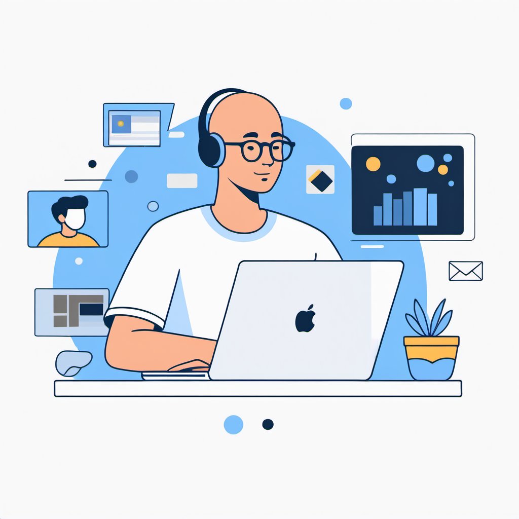 no background, ((no-line-stickers)), modern, minimalistic, dynamic space blue colours, profile photo avatar of a boy with no hair and wearing glasses working in his laptop,no other elements, Flat illustration