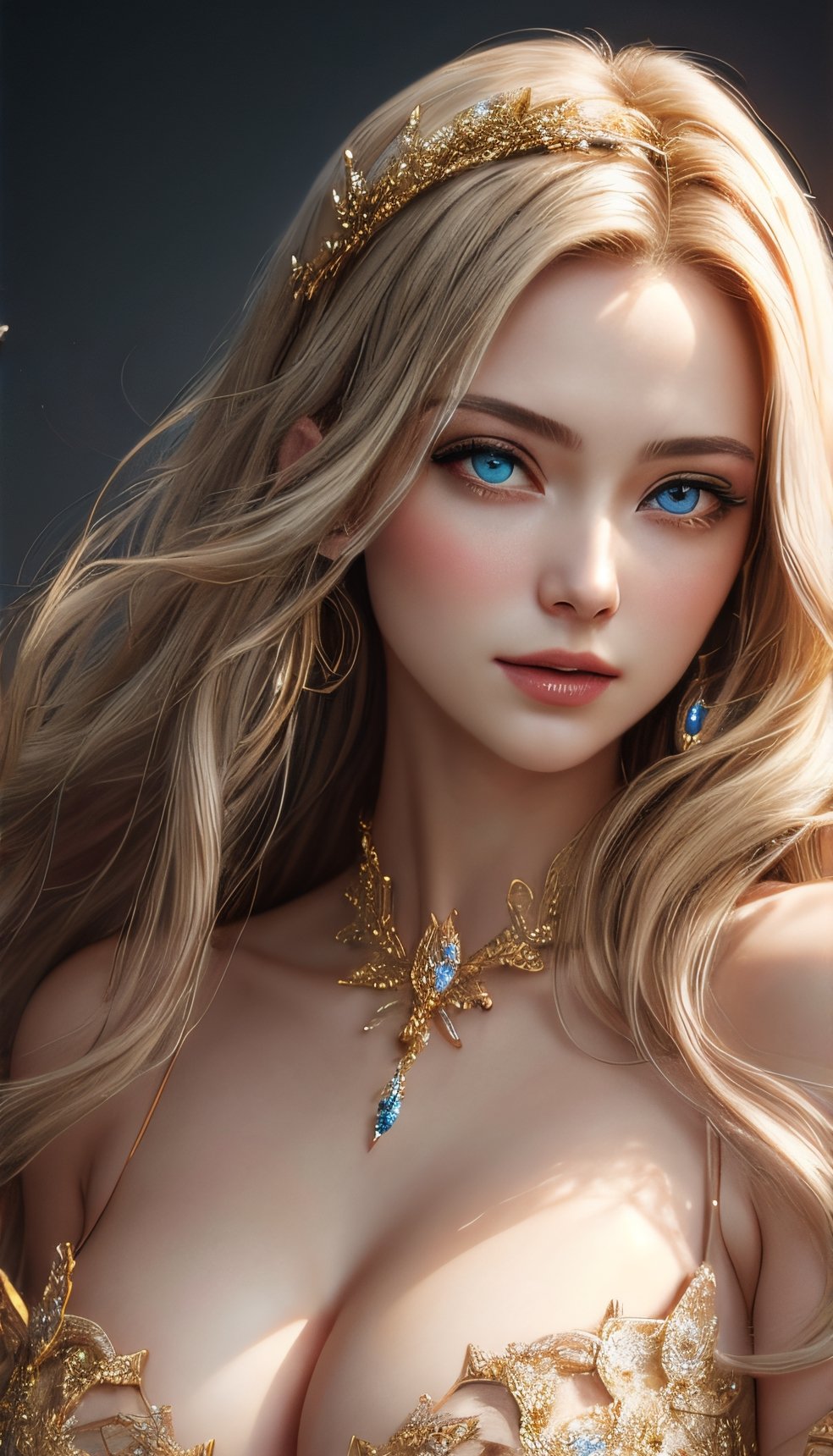 8k portrait of beautiful princess with long wavy golden blond hair, intricate, elegant, highly detailed, majestic, digital photography, art by artgerm and ruan jia and greg rutkowski surreal painting gold butterfly filigree, broken glass, (masterpiece, sidelighting, finely detailed beautiful eyes: 1.2), hdr, extremely large breasts, extremely pale white skin, deep cleavage, tiara, close up